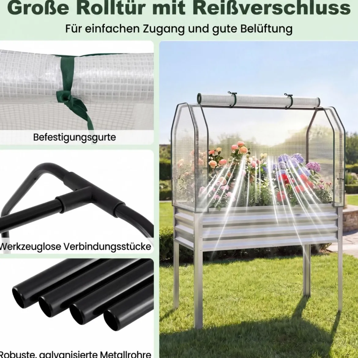 Hochbeet aus Verzinktem Metall mit PE-Abdeckung Erhöhtes Gartenbeet Schwarz/Grau/Silber