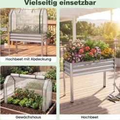 Hochbeet aus Verzinktem Metall mit PE-Abdeckung Erhöhtes Gartenbeet Schwarz/Grau/Silber