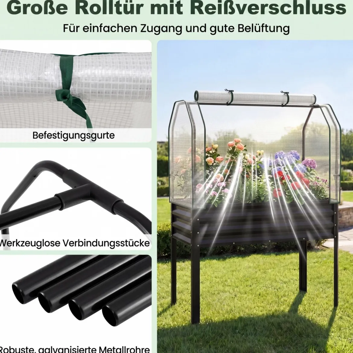 Hochbeet aus Verzinktem Metall mit PE-Abdeckung Erhöhtes Gartenbeet Schwarz/Grau/Silber