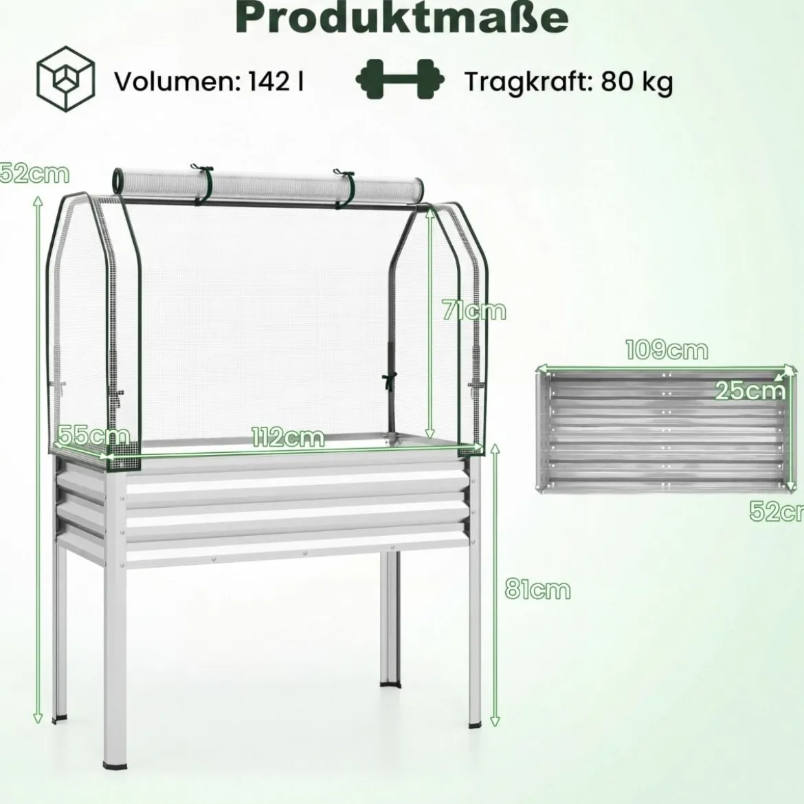 Hochbeet aus Verzinktem Metall mit PE-Abdeckung Erhöhtes Gartenbeet Schwarz/Grau/Silber