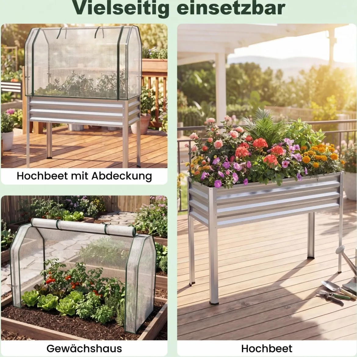 Hochbeet aus Verzinktem Metall mit PE-Abdeckung Erhöhtes Gartenbeet Schwarz/Grau/Silber