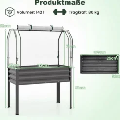 Hochbeet aus Verzinktem Metall mit PE-Abdeckung Erhöhtes Gartenbeet Schwarz/Grau/Silber