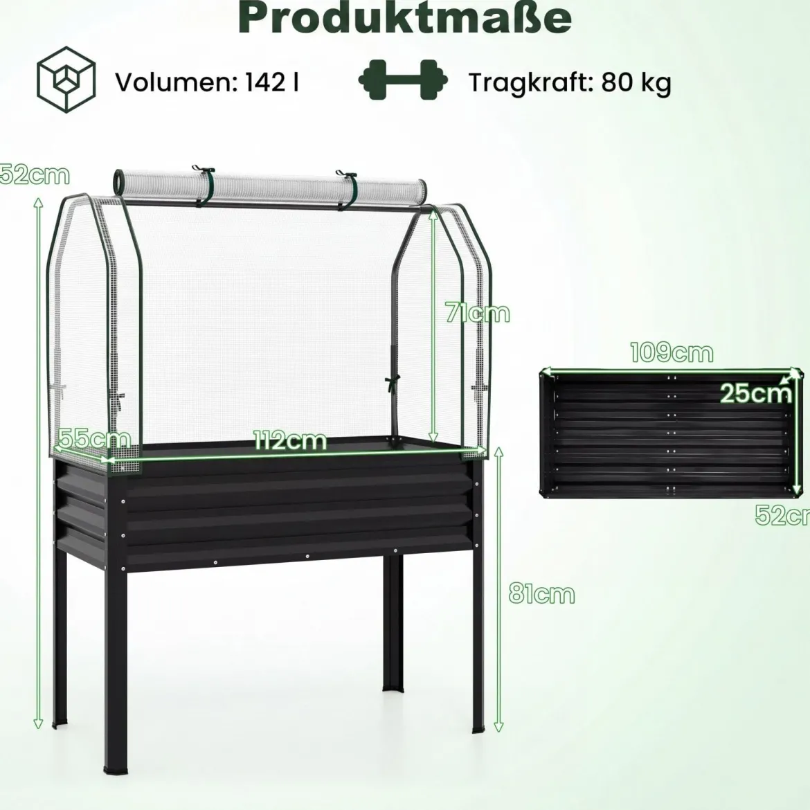 Hochbeet aus Verzinktem Metall mit PE-Abdeckung Erhöhtes Gartenbeet Schwarz/Grau/Silber