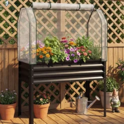 Hochbeet aus Verzinktem Metall mit PE-Abdeckung Erhöhtes Gartenbeet Schwarz/Grau/Silber