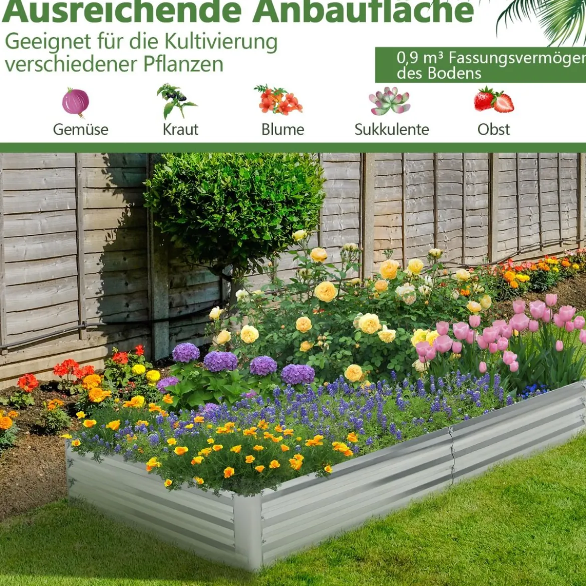Hochbeet aus Verzinktem Metall Rechteckiges Pflanzkasten für Garten 242 x 122 x 30 cm Silber