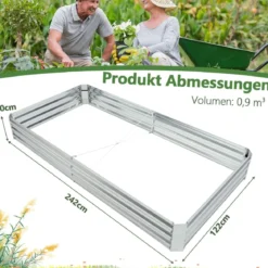 Hochbeet aus Verzinktem Metall Rechteckiges Pflanzkasten für Garten 242 x 122 x 30 cm Silber