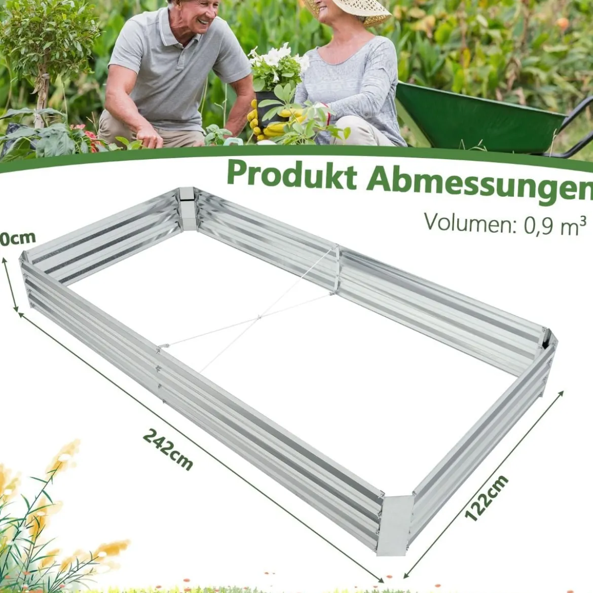 Hochbeet aus Verzinktem Metall Rechteckiges Pflanzkasten für Garten 242 x 122 x 30 cm Silber