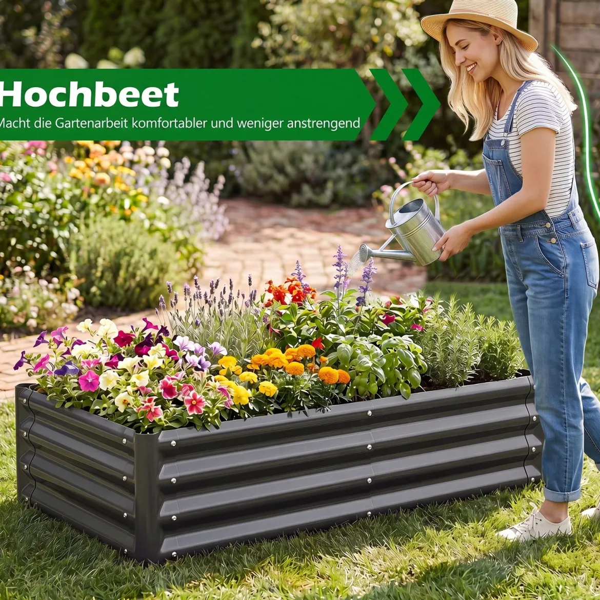 Hochbeet aus Verzinktem Stahl stabiler Pflanzkasten Wetterfest & Rostfrei Gartenbeet 123 x 64 cm Grau