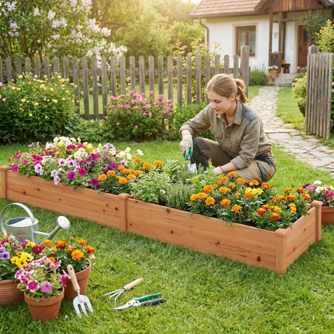 Hochbeet Gartenbeet Holz 240 x 60 x 25 cm Pflanzkasten für Gemüse Blumen Orange