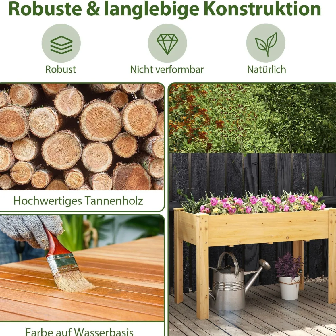 Hochbeet Holz Erhöhtes Gartenbeet Pflanzkasten mit Drainagelöchern Gemüsebeet Pflanzbeet rechteckig 120 x 60 x 82 cm Natur