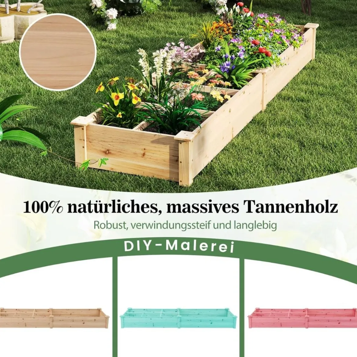 Hochbeet Holz Gartenbeet mit 2 Pflanzkästen und Trennwänden 228 x 62 x 25 cm Natur
