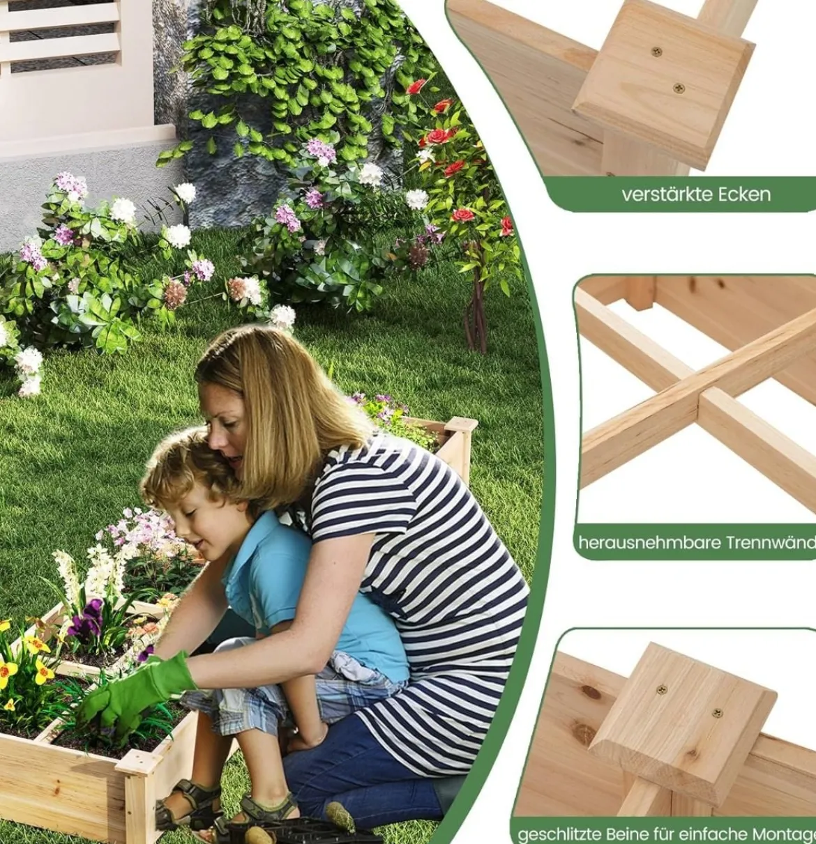 Hochbeet Holz Gartenbeet mit 2 Pflanzkästen und Trennwänden 228 x 62 x 25 cm Natur