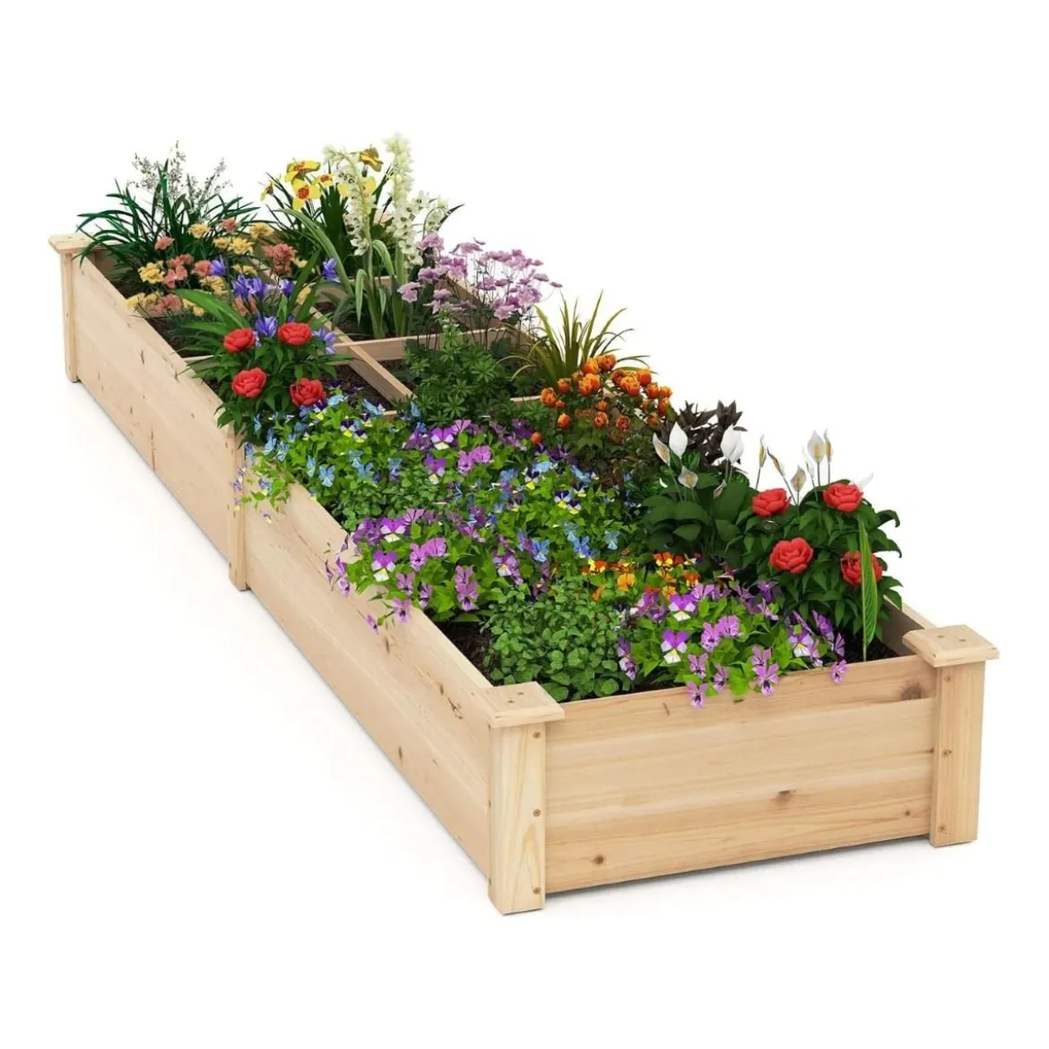 Hochbeet Holz Gartenbeet mit 2 Pflanzkästen und Trennwänden 228 x 62 x 25 cm Natur