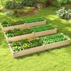 Hochbeet Holz Gartenbeet mit 2 Pflanzkästen und Trennwänden 228 x 62 x 25 cm Natur