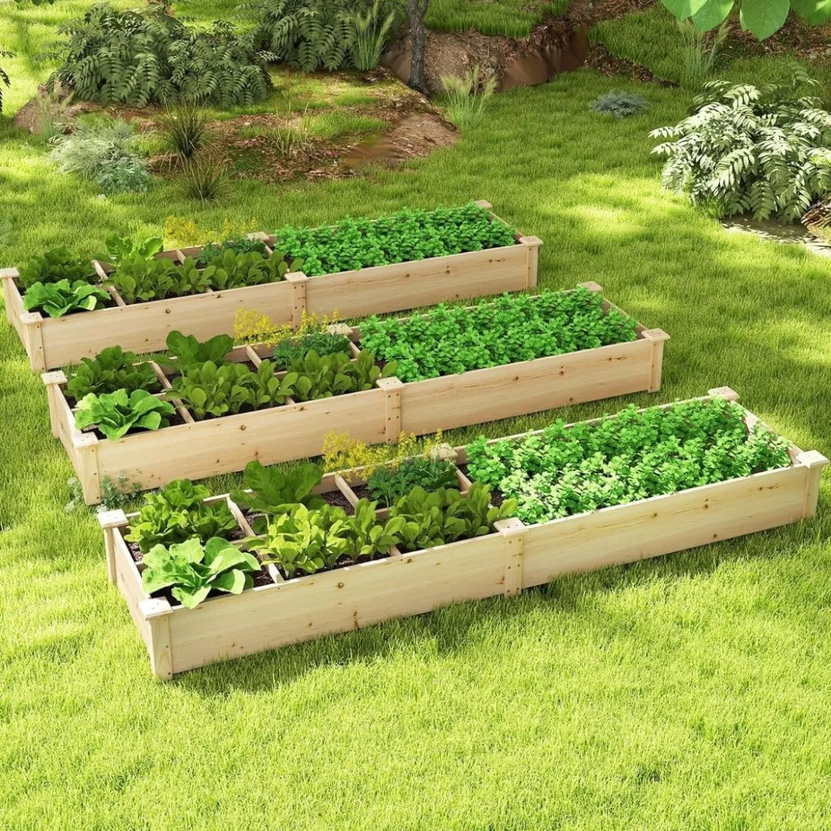 Hochbeet Holz Gartenbeet mit 2 Pflanzkästen und Trennwänden 228 x 62 x 25 cm Natur