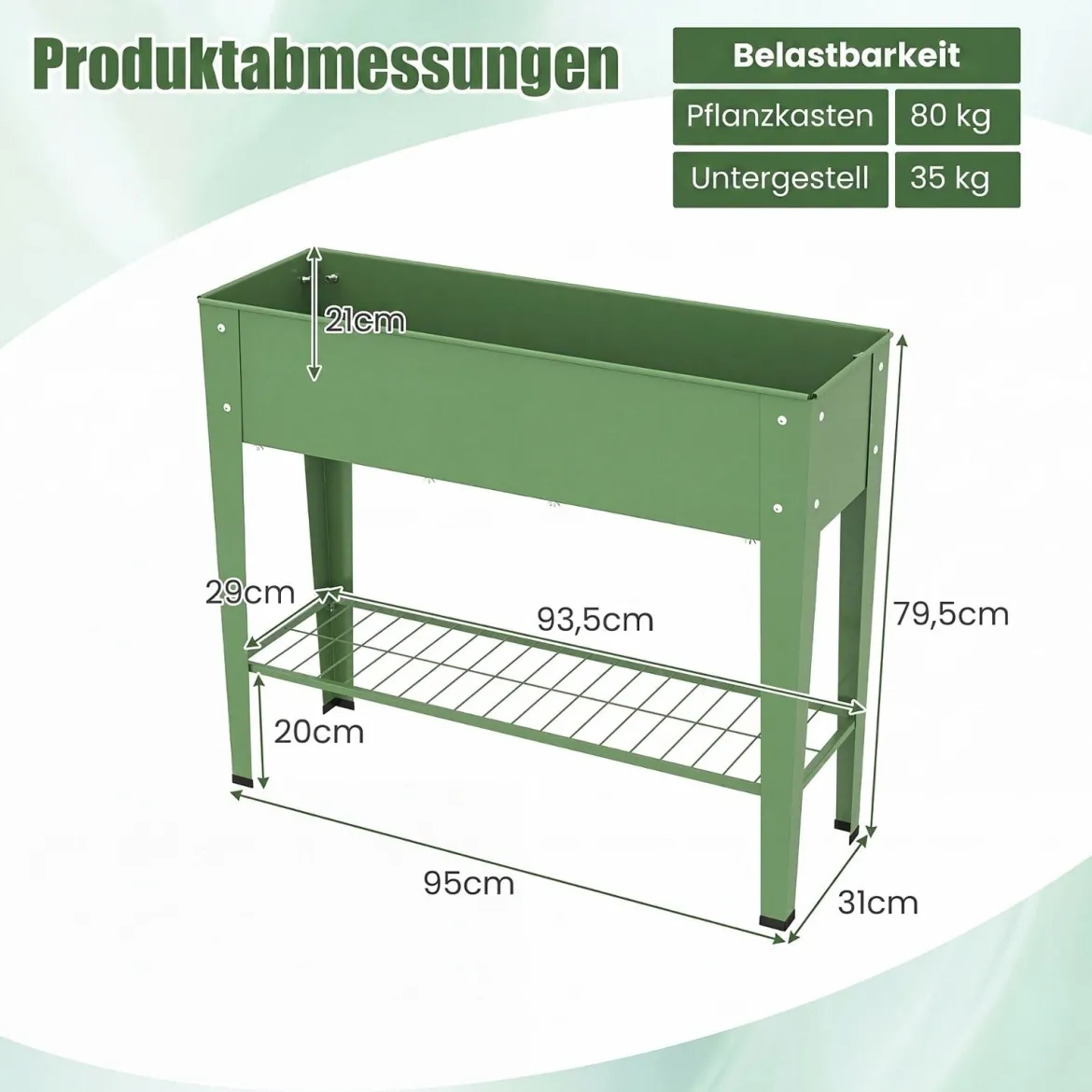 Hochbeet Metall Erhöhter Blumenkasten mit Stützbeinen Pflanzkasten mit Ablage & Abflussloch 95 x 31 x 80 cm