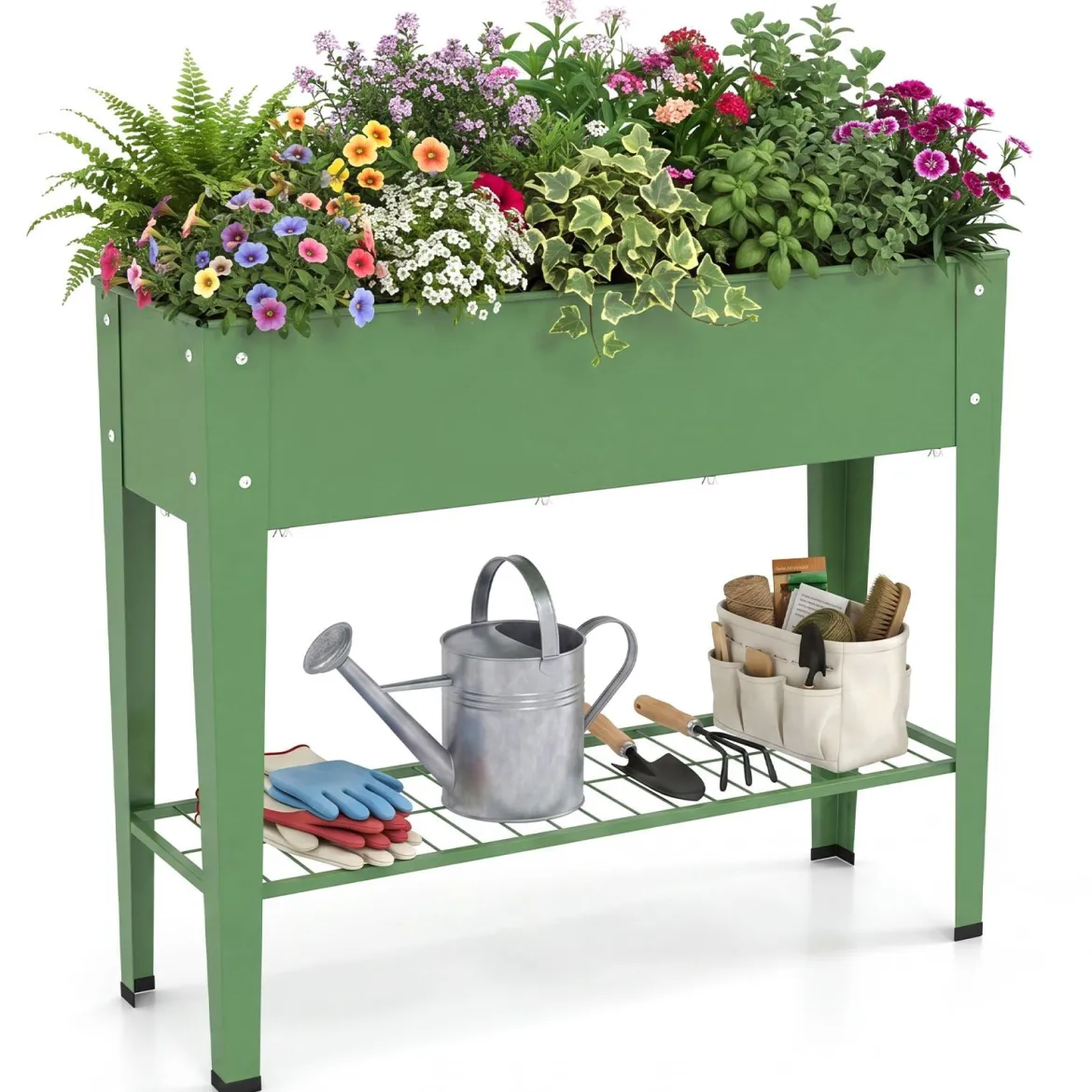 Hochbeet Metall Erhöhter Blumenkasten mit Stützbeinen Pflanzkasten mit Ablage & Abflussloch 95 x 31 x 80 cm