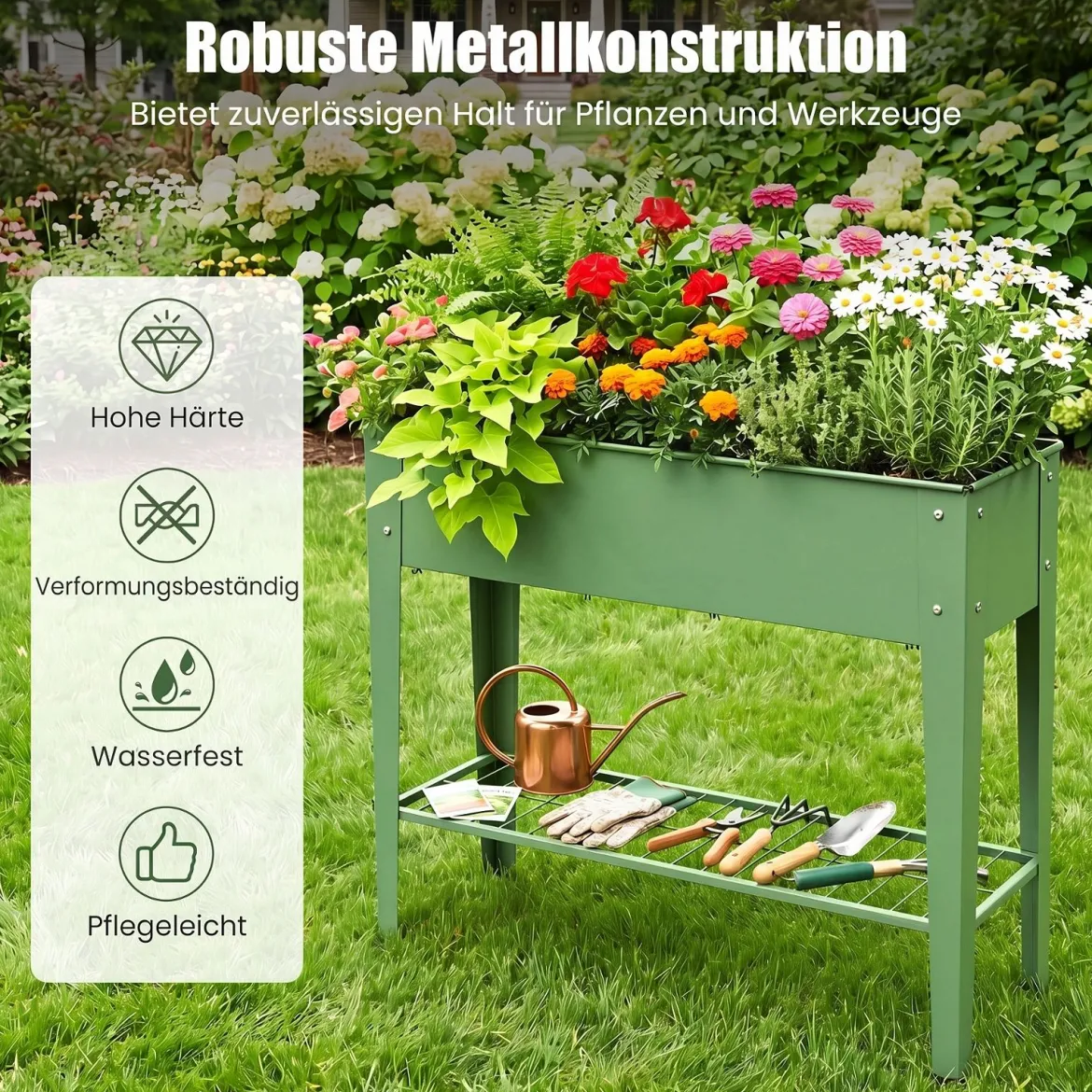 Hochbeet Metall Erhöhter Blumenkasten mit Stützbeinen Pflanzkasten mit Ablage & Abflussloch 95 x 31 x 80 cm