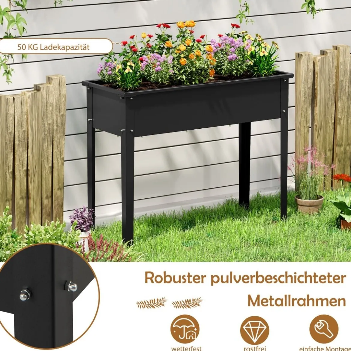 Hochbeet Metall erhöhtes Gartenbeet bis 50 kg Pflanzgefäß 100 x 40 x 80 cm Schwarz