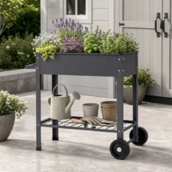 Hochbeet Metall mit 2 Rollen Gemüsebeet mit Wasserablauf Ablage & Haltegriff 88 × 37 × 80 cm Grau
