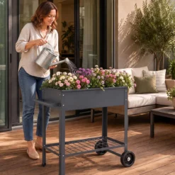 Hochbeet Metall mit 2 Rollen Gemüsebeet mit Wasserablauf Ablage & Haltegriff 88 × 37 × 80 cm Grau
