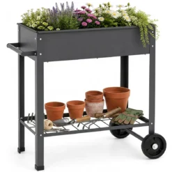 Hochbeet Metall mit 2 Rollen Gemüsebeet mit Wasserablauf Ablage & Haltegriff 88 × 37 × 80 cm Grau