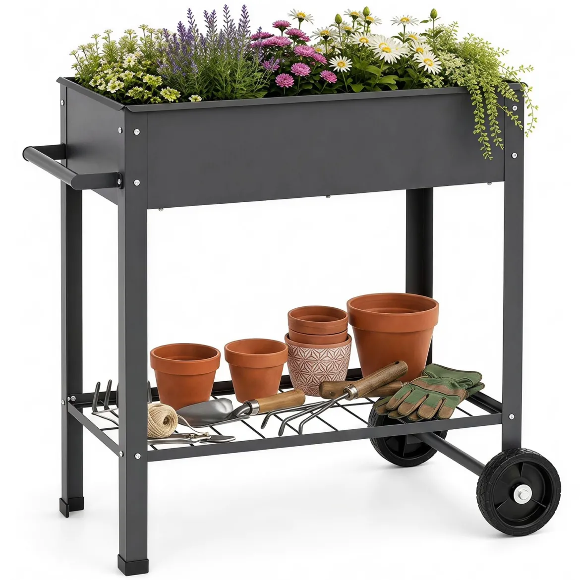 Hochbeet Metall mit 2 Rollen Gemüsebeet mit Wasserablauf Ablage & Haltegriff 88 × 37 × 80 cm Grau