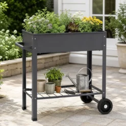 Hochbeet Metall mit 2 Rollen Gemüsebeet mit Wasserablauf Ablage & Haltegriff 88 × 37 × 80 cm Grau