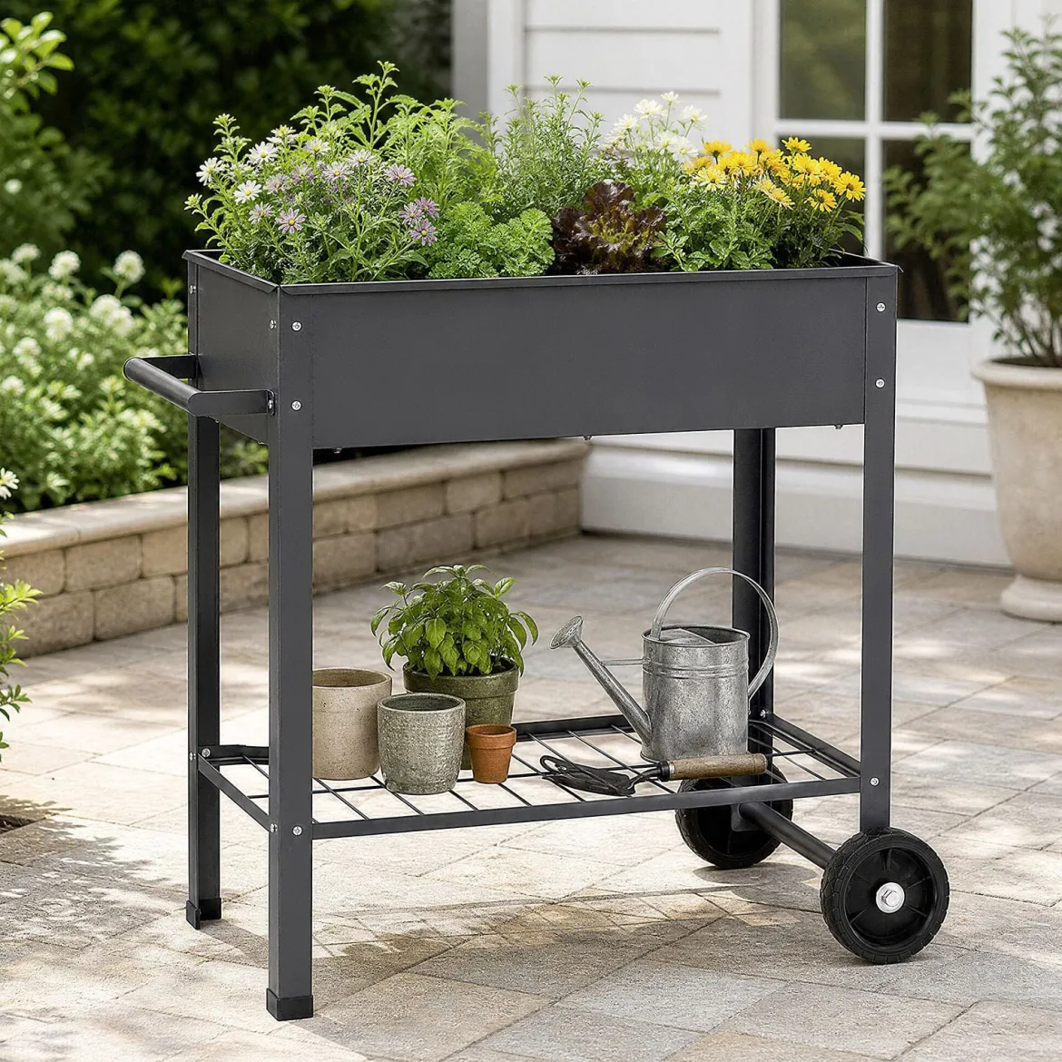 Hochbeet Metall mit 2 Rollen Gemüsebeet mit Wasserablauf Ablage & Haltegriff 88 × 37 × 80 cm Grau
