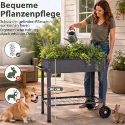 Hochbeet Metall mit 2 Rollen Gemüsebeet mit Wasserablauf Ablage & Haltegriff 88 × 37 × 80 cm Grau