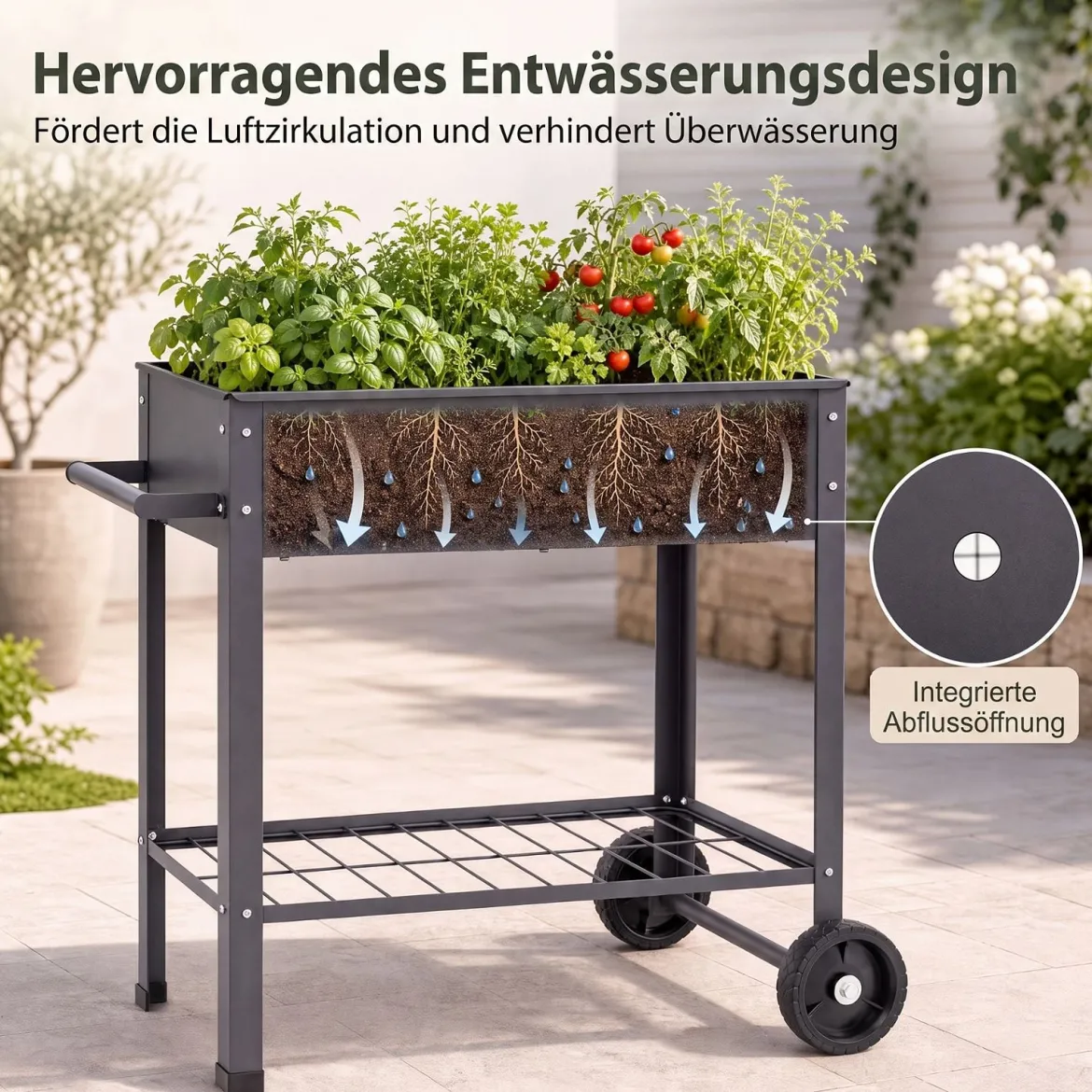 Hochbeet Metall mit 2 Rollen Gemüsebeet mit Wasserablauf Ablage & Haltegriff 88 × 37 × 80 cm Grau