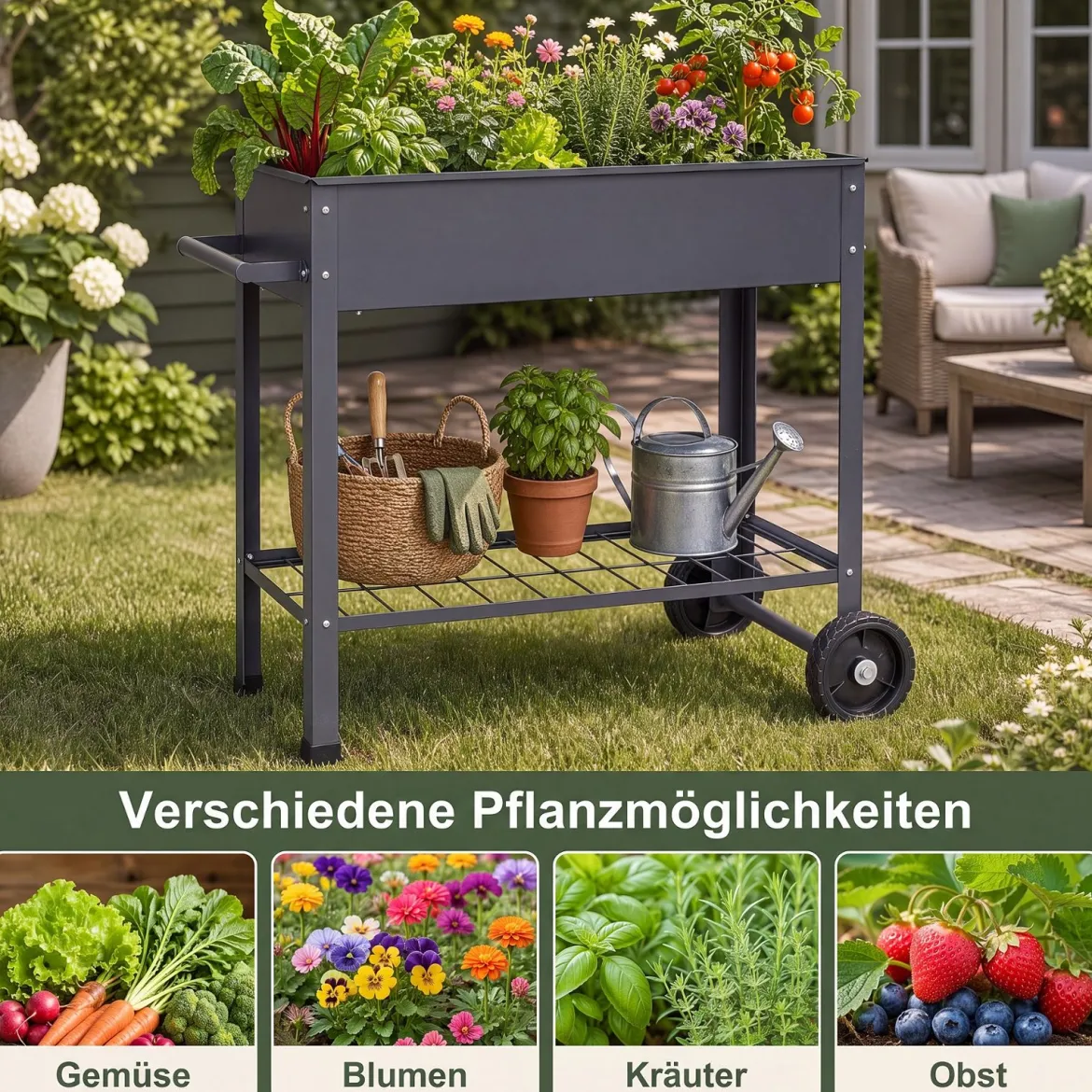 Hochbeet Metall mit 2 Rollen Gemüsebeet mit Wasserablauf Ablage & Haltegriff 88 × 37 × 80 cm Grau