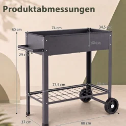 Hochbeet Metall mit 2 Rollen Gemüsebeet mit Wasserablauf Ablage & Haltegriff 88 × 37 × 80 cm Grau