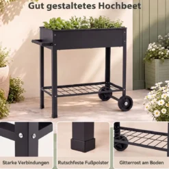 Hochbeet Metall mit 2 Rollen Gemüsebeet mit Wasserablauf Ablage & Haltegriff 88 × 37 × 80 cm Schwarz