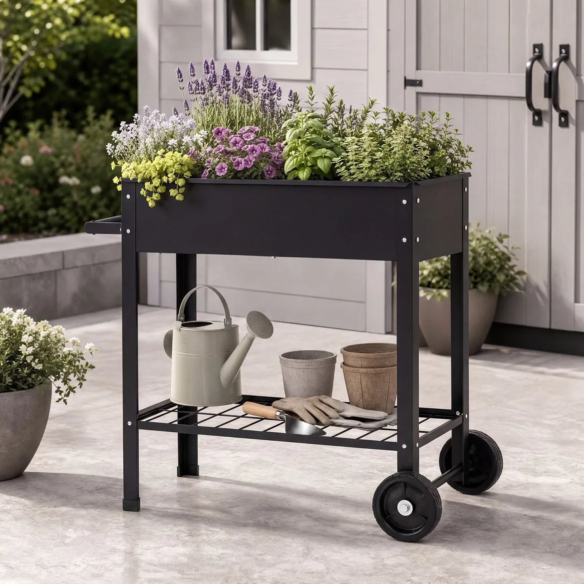 Hochbeet Metall mit 2 Rollen Gemüsebeet mit Wasserablauf Ablage & Haltegriff 88 × 37 × 80 cm Schwarz