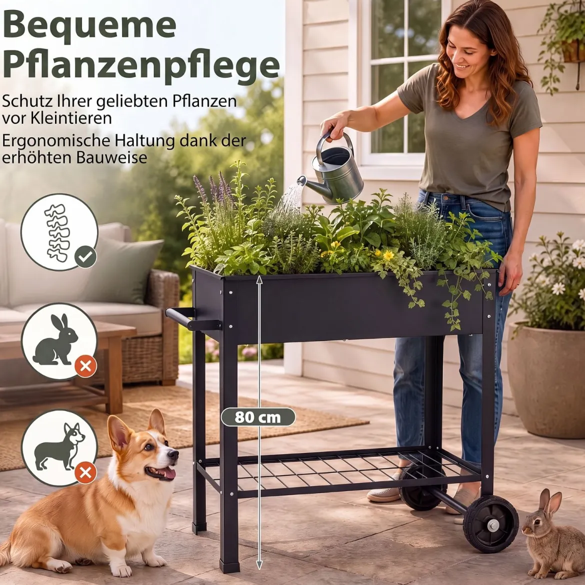 Hochbeet Metall mit 2 Rollen Gemüsebeet mit Wasserablauf Ablage & Haltegriff 88 × 37 × 80 cm Schwarz