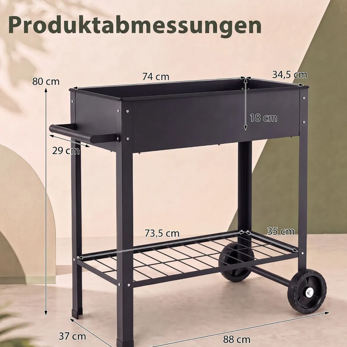 Hochbeet Metall mit 2 Rollen Gemüsebeet mit Wasserablauf Ablage & Haltegriff 88 × 37 × 80 cm Schwarz