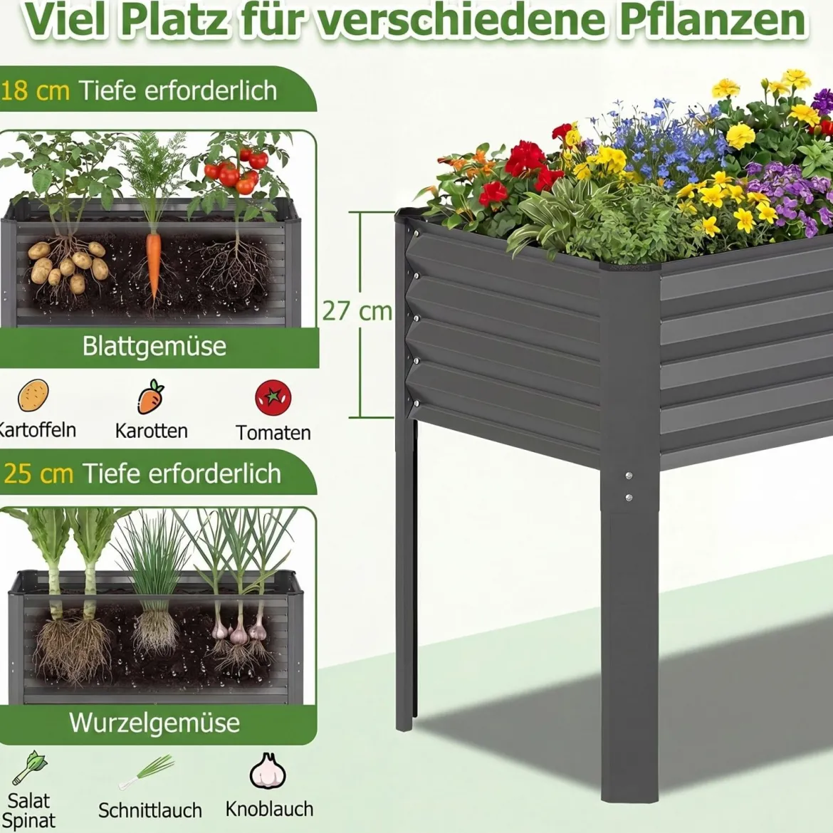 Hochbeet Metall Pflanzkasten mit Beinen Erhöhtes Pflanzgefäß mit Abflusssystem Blumenkasten Grau/Silber