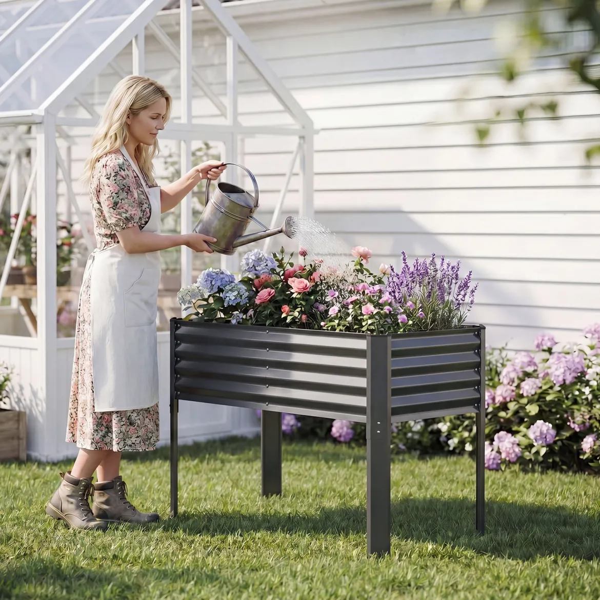 Hochbeet Metall Pflanzkasten mit Beinen Erhöhtes Pflanzgefäß mit Abflusssystem Blumenkasten Grau/Silber
