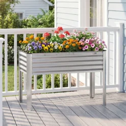 Hochbeet Metall Pflanzkasten mit Beinen Erhöhtes Pflanzgefäß mit Abflusssystem Blumenkasten Grau/Silber