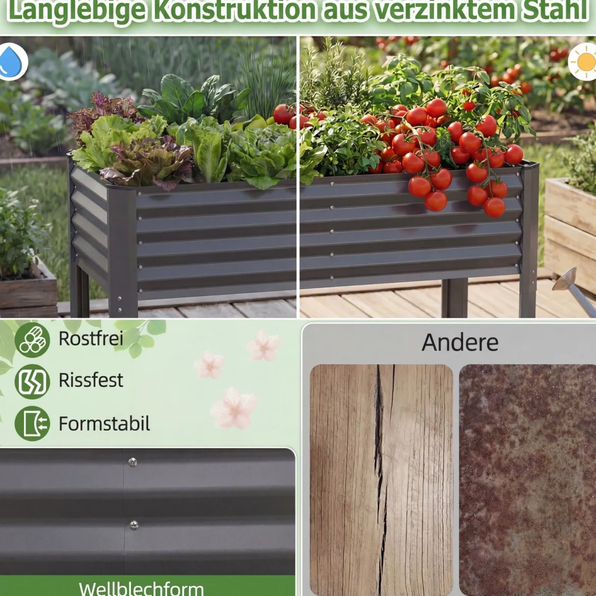 Hochbeet Metall Pflanzkasten mit Beinen Erhöhtes Pflanzgefäß mit Abflusssystem Blumenkasten Grau/Silber