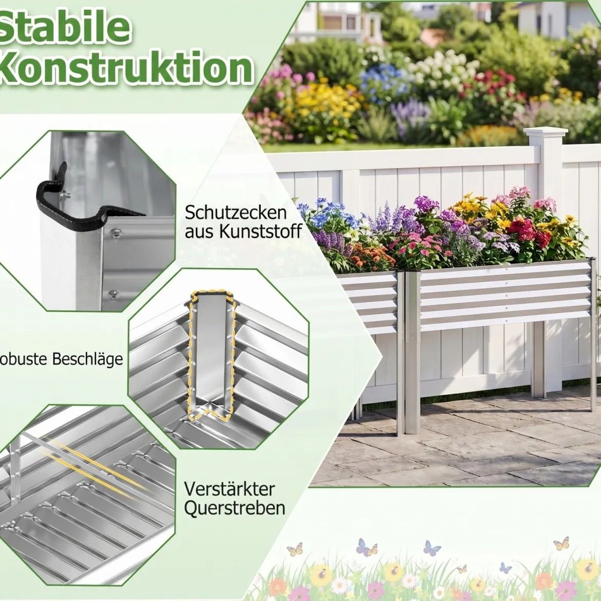 Hochbeet Metall Pflanzkasten mit Beinen Erhöhtes Pflanzgefäß mit Abflusssystem Blumenkasten Grau/Silber