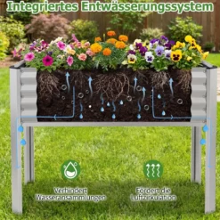 Hochbeet Metall Pflanzkasten mit Beinen Erhöhtes Pflanzgefäß mit Abflusssystem Blumenkasten Grau/Silber