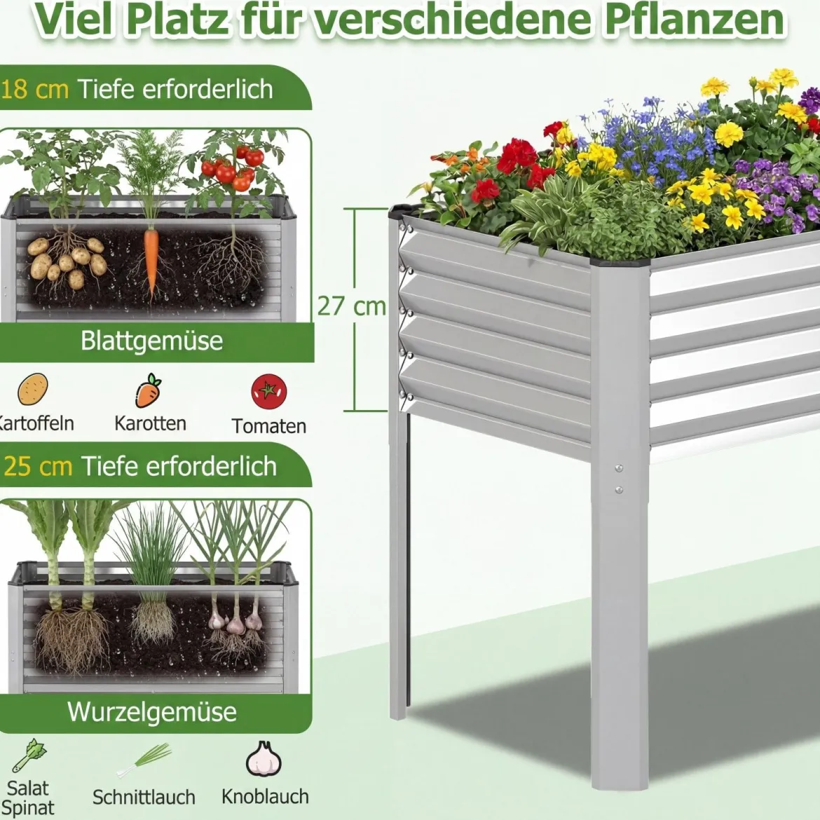 Hochbeet Metall Pflanzkasten mit Beinen Erhöhtes Pflanzgefäß mit Abflusssystem Blumenkasten Grau/Silber