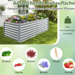 Hochbeet Metall Pflanzkasten für Garten 180 x 95 x 60 cm Rechteckiges Frühbeet mit verstärkter Stäbe & offenem Boden Grau