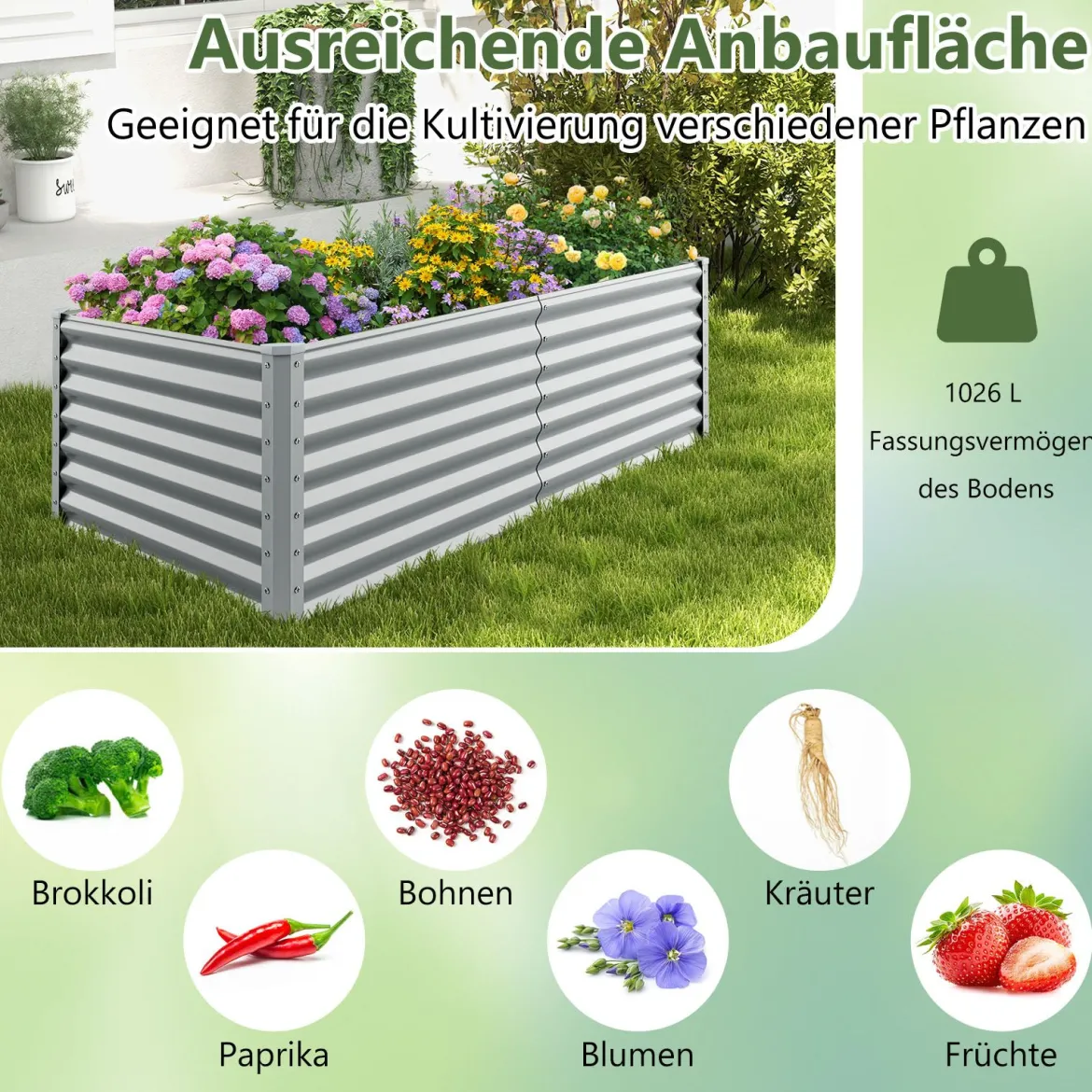 Hochbeet Metall Pflanzkasten für Garten 180 x 95 x 60 cm Rechteckiges Frühbeet mit verstärkter Stäbe & offenem Boden Grau