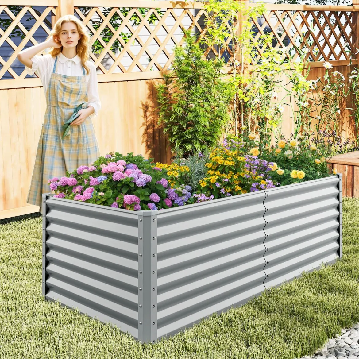 Hochbeet Metall Pflanzkasten für Garten 180 x 95 x 60 cm Rechteckiges Frühbeet mit verstärkter Stäbe & offenem Boden Grau