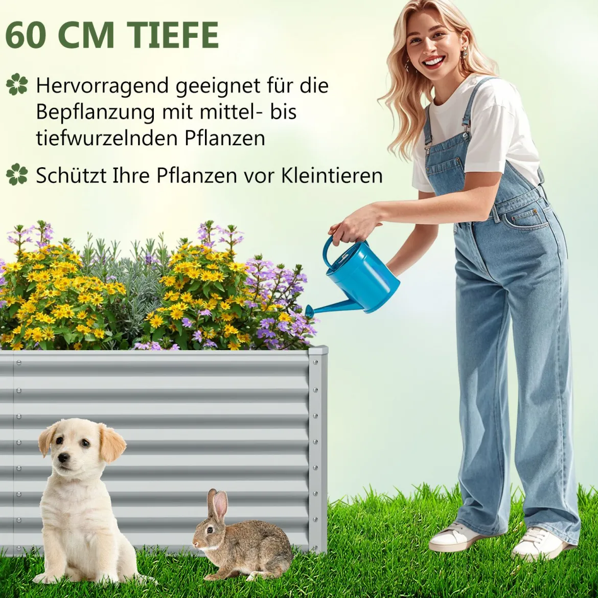 Hochbeet Metall Pflanzkasten für Garten 180 x 95 x 60 cm Rechteckiges Frühbeet mit verstärkter Stäbe & offenem Boden Grau