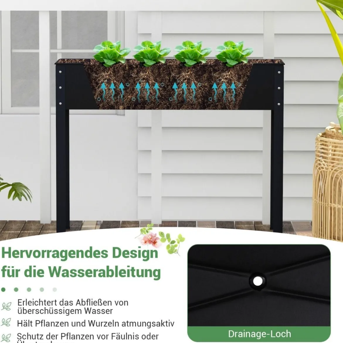 Hochbeet Metall Pflanzkasten Garten Blumenbeet mit Entwässerungsloch 102 x 26,5 x 80 cm Schwarz