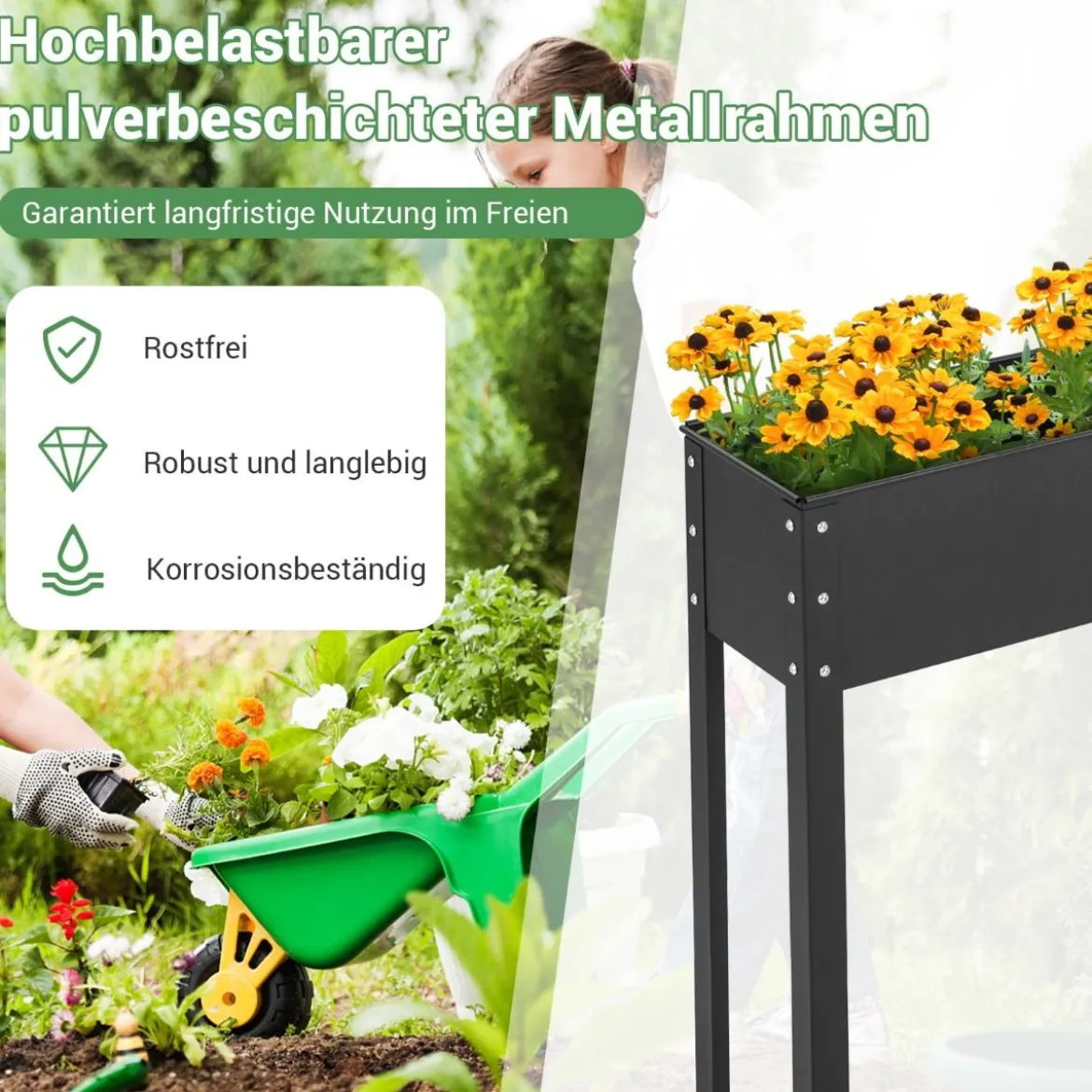 Hochbeet Metall Pflanzkasten Garten Blumenbeet mit Entwässerungsloch 102 x 26,5 x 80 cm Schwarz